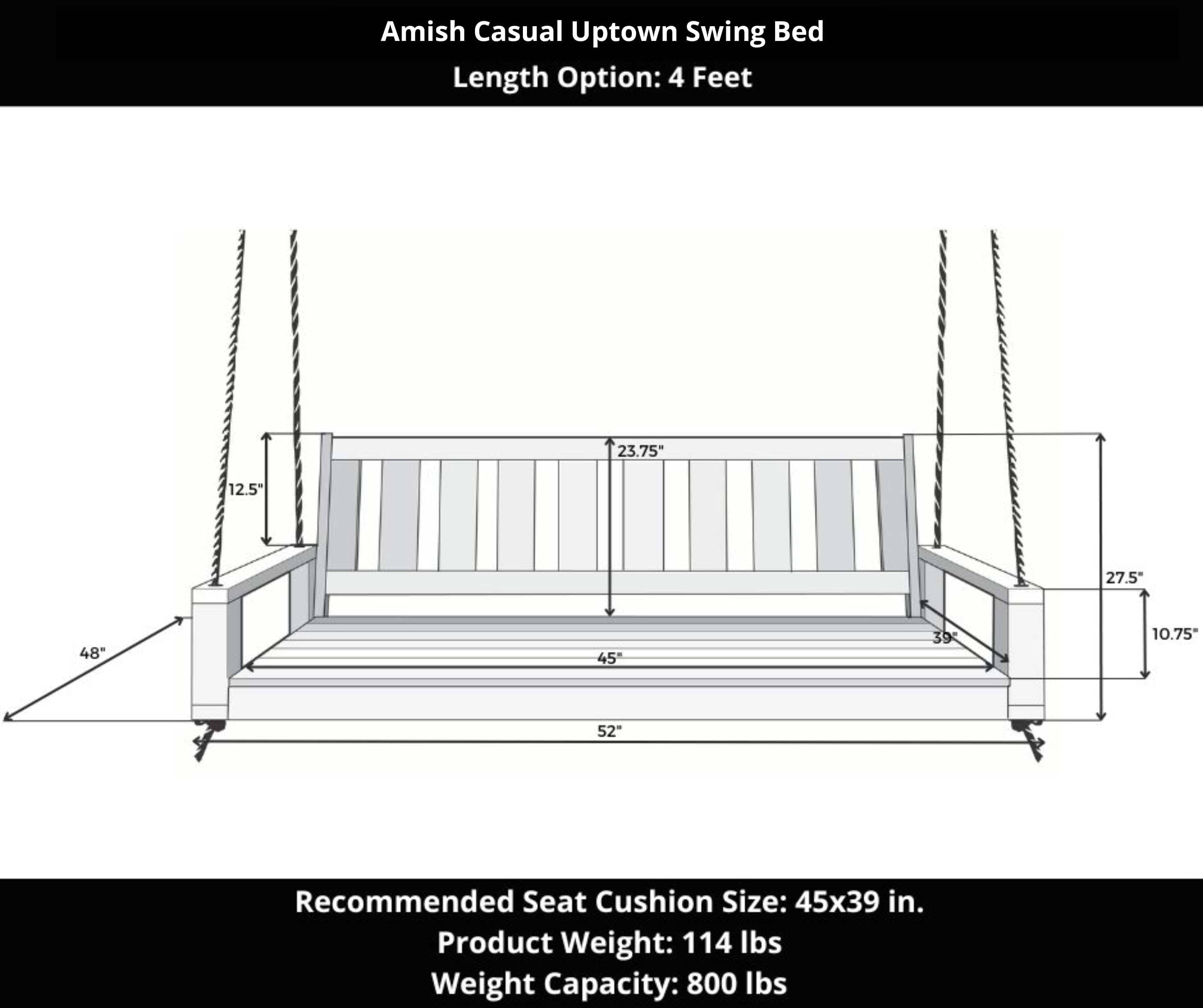 Amish Casual 4 Foot Uptown Porch Swing Bed in Dovetail Grey Paint