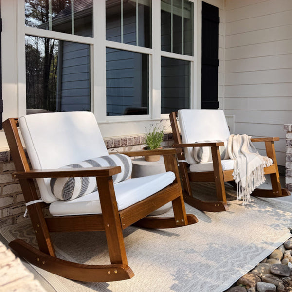 Amish Casual Deep Seated Outdoor Rocking Chair in Oak Stain with White Cushion