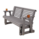Wooden Roll Back Glider in Grey Stain with Cup Holders