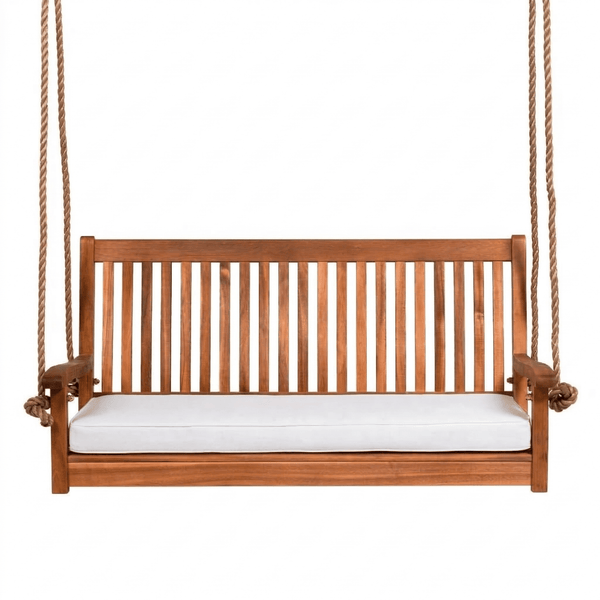 East Green Hayden Porch Swing with White Cushion, Oiled Acacia
