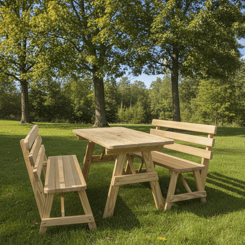 Keystone Amish Co. Wooden Outdoor Dining Set with 2 Backed Benches