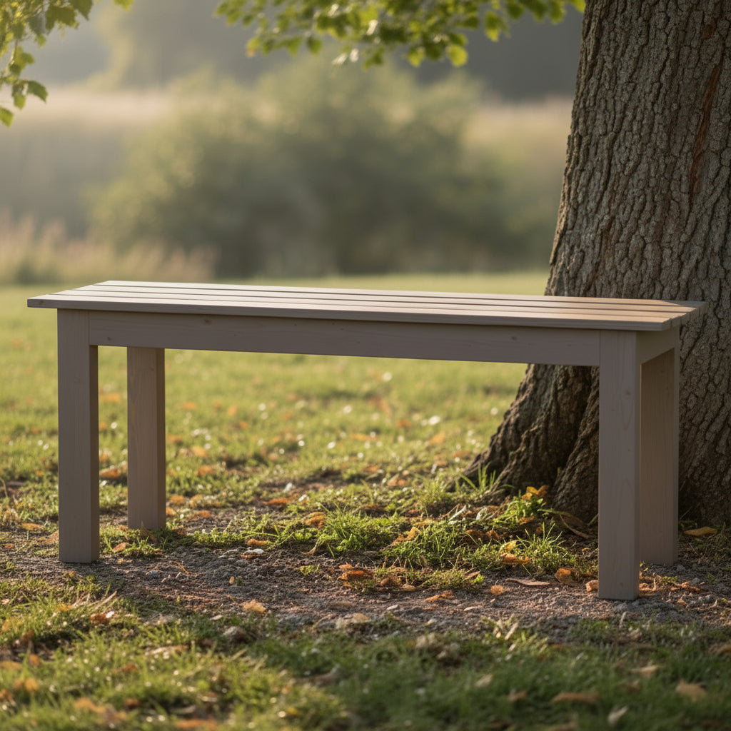 Backless outdoor bench next to a tree