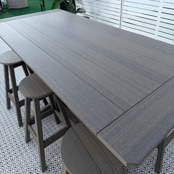 Detail shot of the Keystone Amish Co. Bar Height Poly Outdoor Dining Table, 6ft in Coastal Gray
