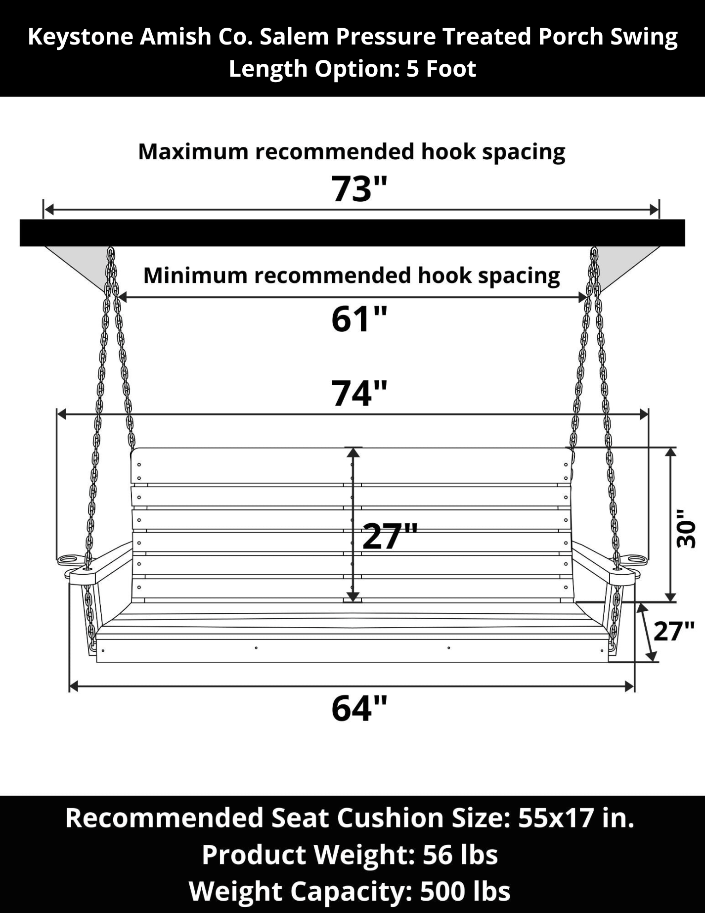 Keystone Amish Co. 5 Foot Salem Pressure Treated Porch Swing, Unfinished