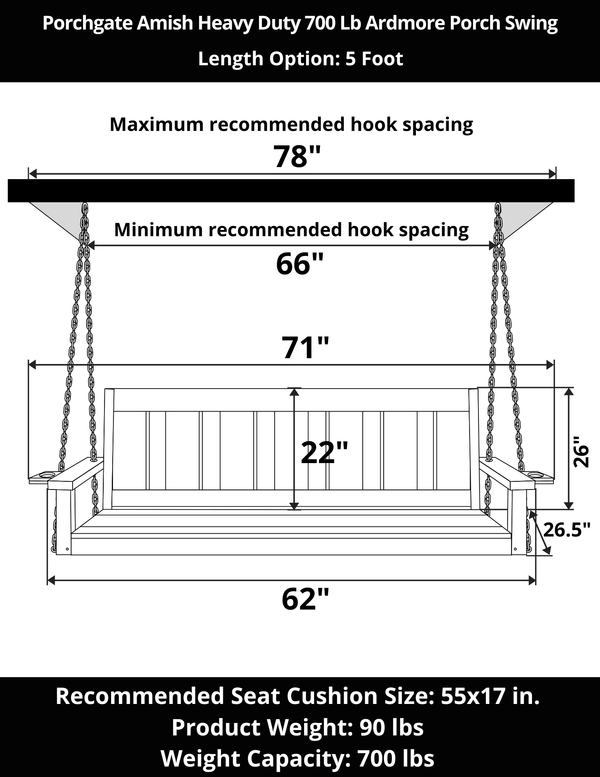 Porchgate Amish Heavy Duty 700 Lb 5-Foot Ardmore Porch Swing - Relaxed Khaki