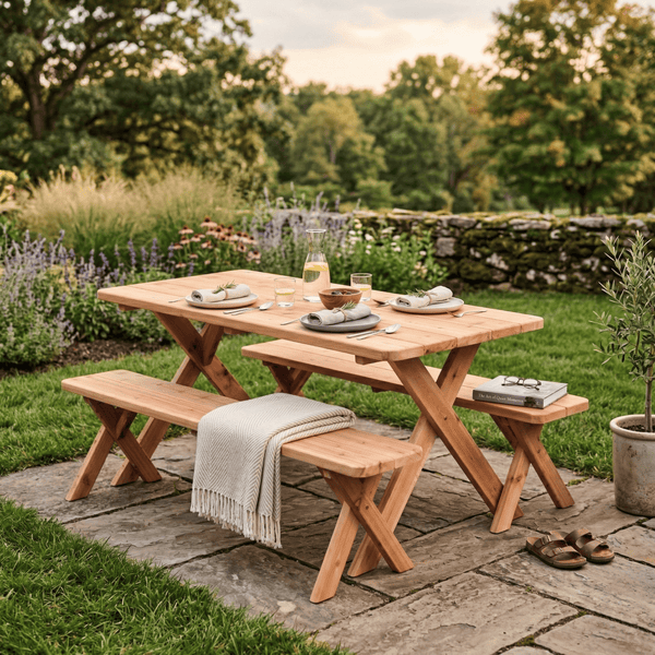 Keystone Amish Co. Red Cedar Crossleg Outdoor Table with Benches