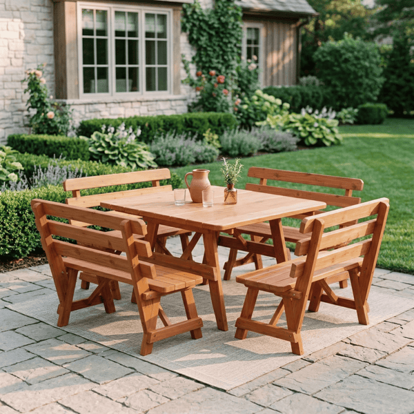 Keystone Amish Co. Red Cedar 43" Square Outdoor Table with 4 Backed Benches