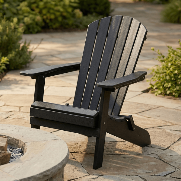 Black Adirondack chair next to a stone fire pit on a patio