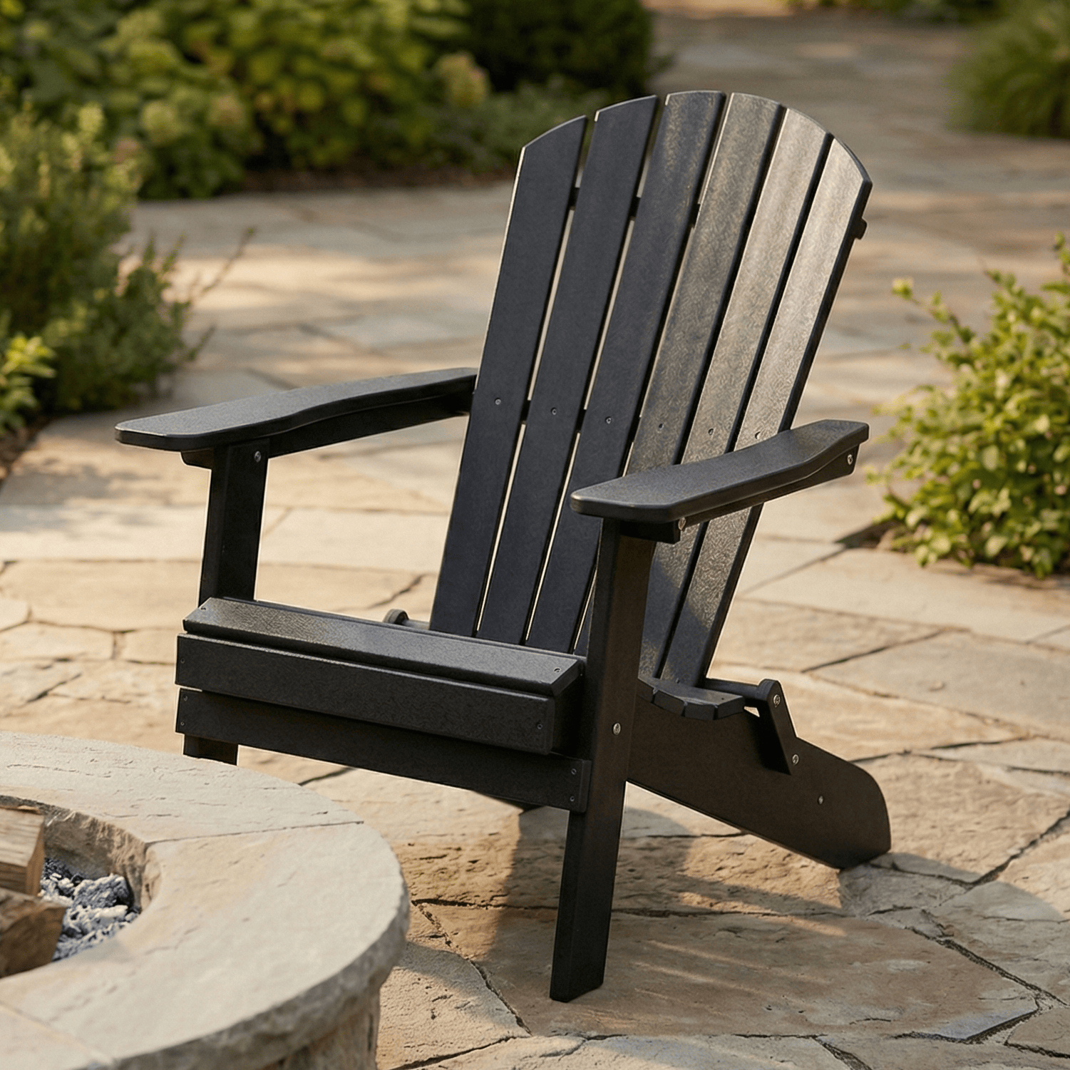Black Adirondack chair next to a stone fire pit on a patio
