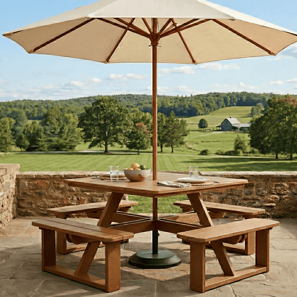 Wooden picnic table with umbrella on a stone patio overlooking a scenic landscape.