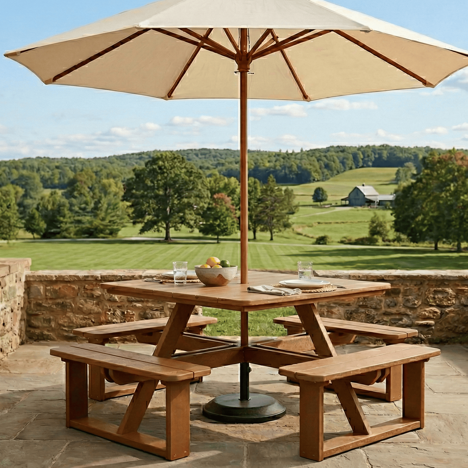 Wooden picnic table with umbrella on a stone patio overlooking a scenic landscape.