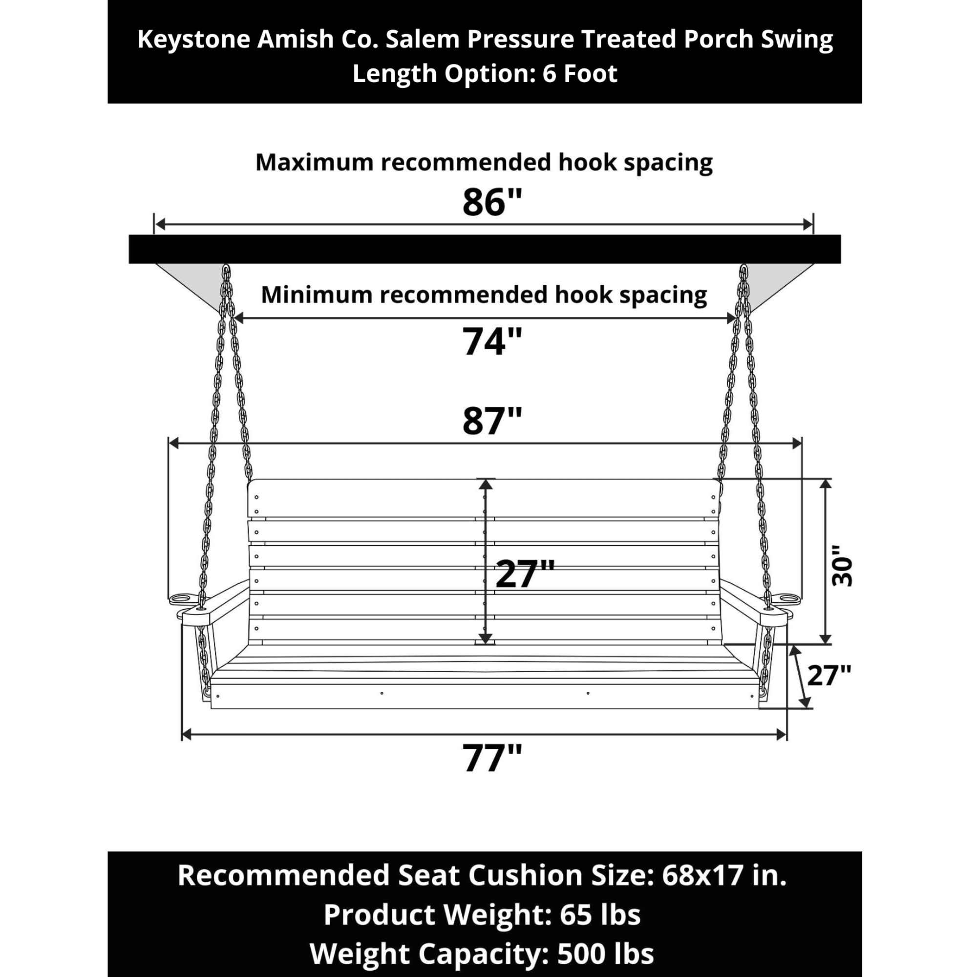 Keystone Amish Co. 6 Foot Salem Pressure Treated Porch Swing, Unfinished