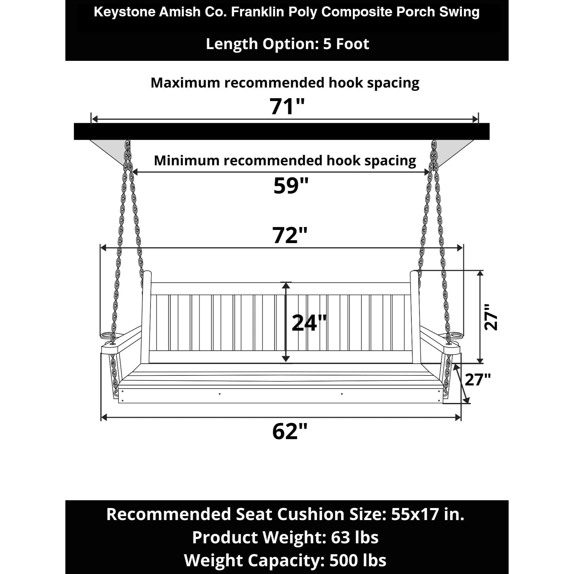 Keystone Amish Co. 5 Foot Franklin Poly Composite Porch Swing, Dark Grey