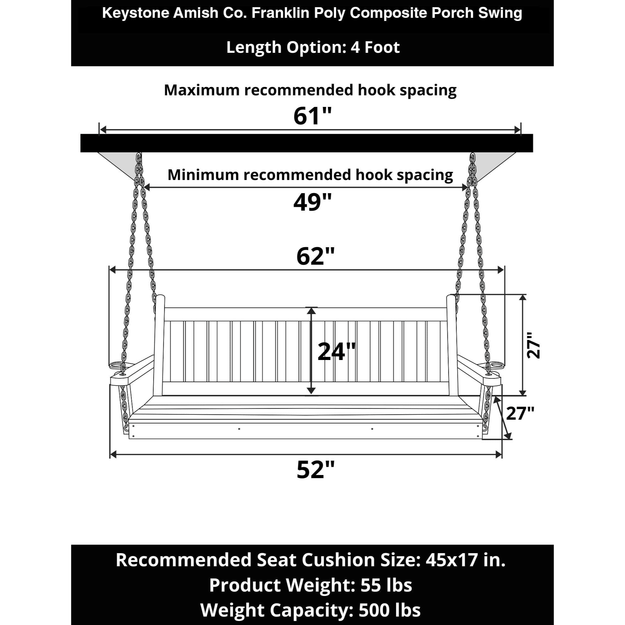 Keystone Amish Co. 4 Foot Franklin Poly Composite Porch Swing, Turf Green