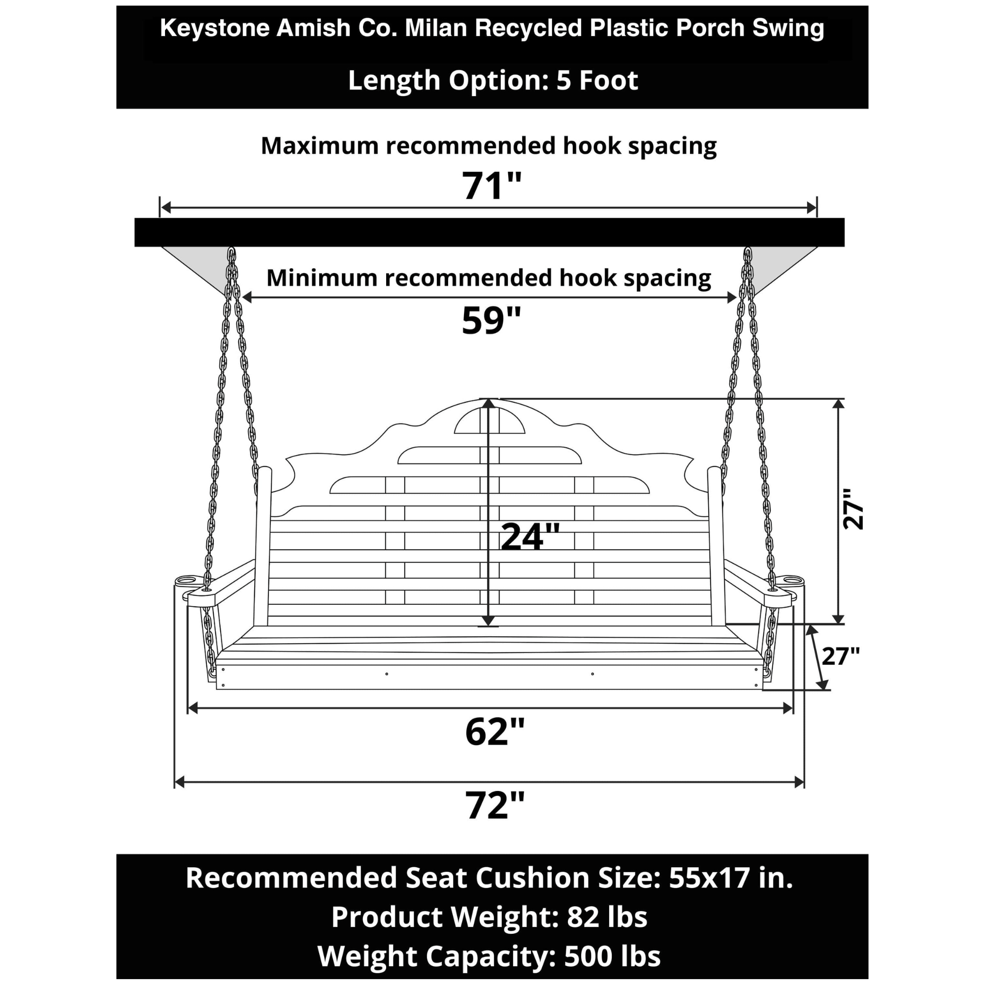 Keystone Amish Co. 5 Foot Milan Recycled Plastic Porch Swing, Aruba
