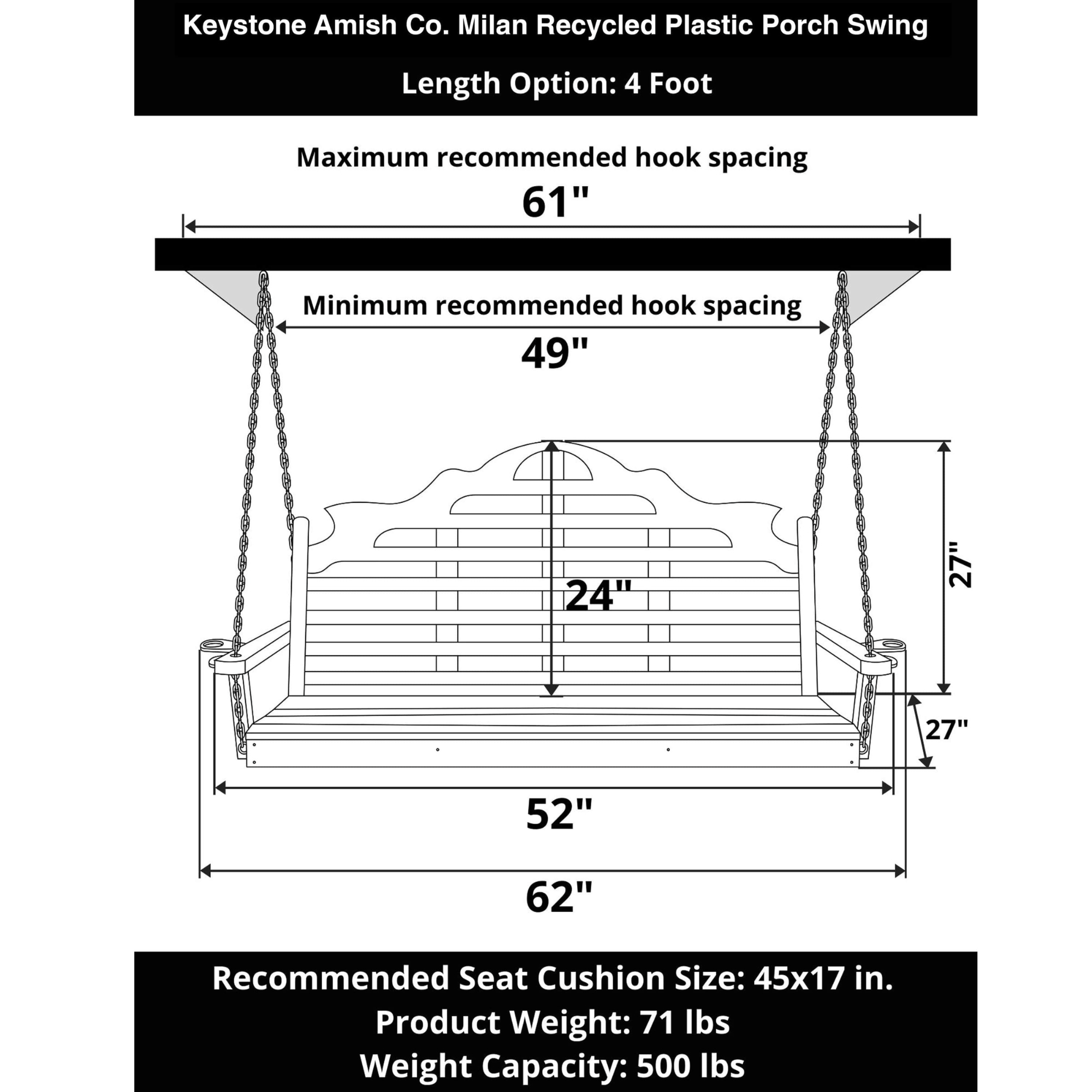 Keystone Amish Co. 4 Foot Milan Recycled Plastic Porch Swing, Aruba