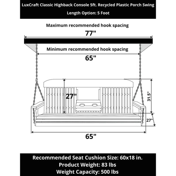LuxCraft Classic Highback Console 5-Foot Poly Composite Porch Swing