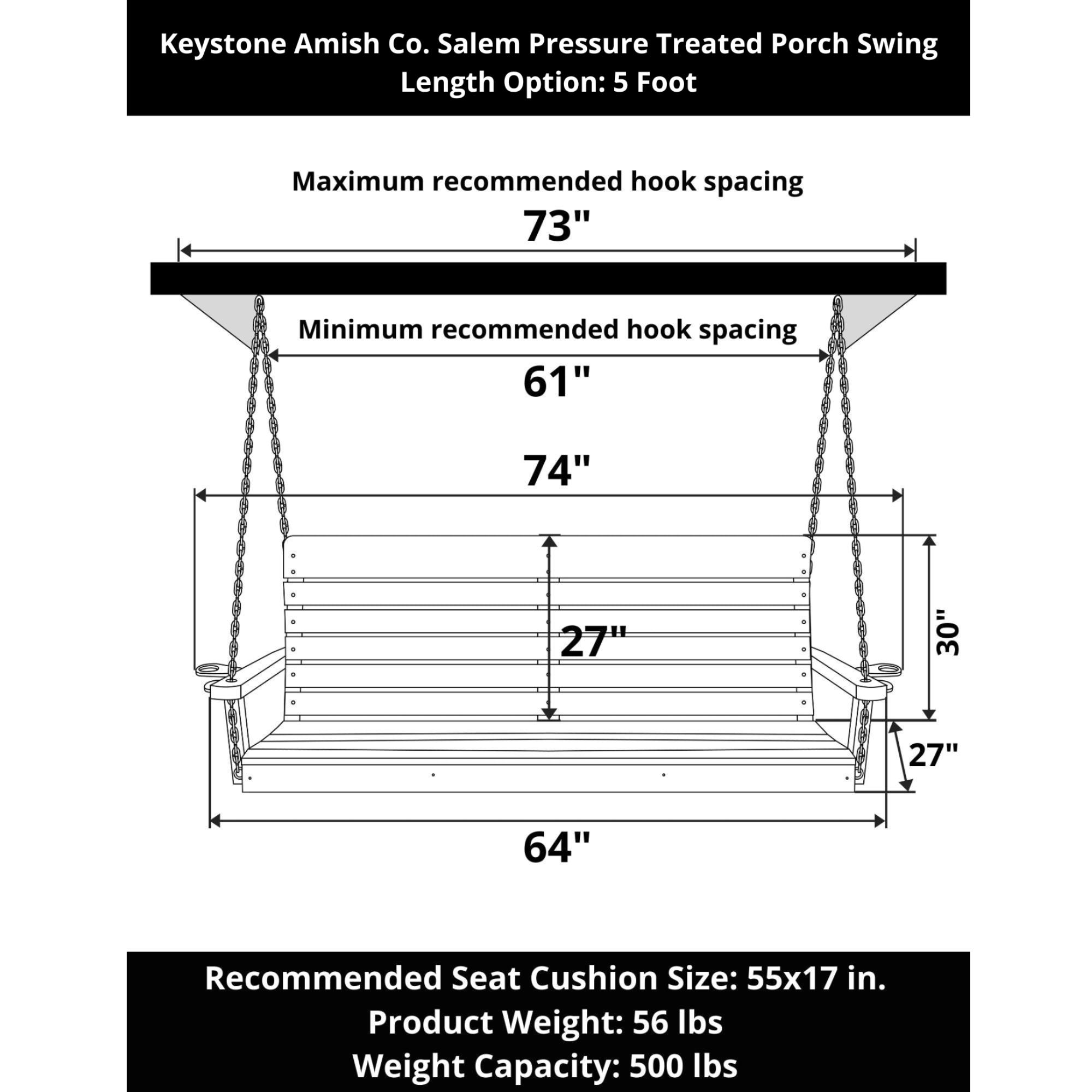 Keystone Amish Co. 5 Foot Salem Pressure Treated Porch Swing, Cedar Stain