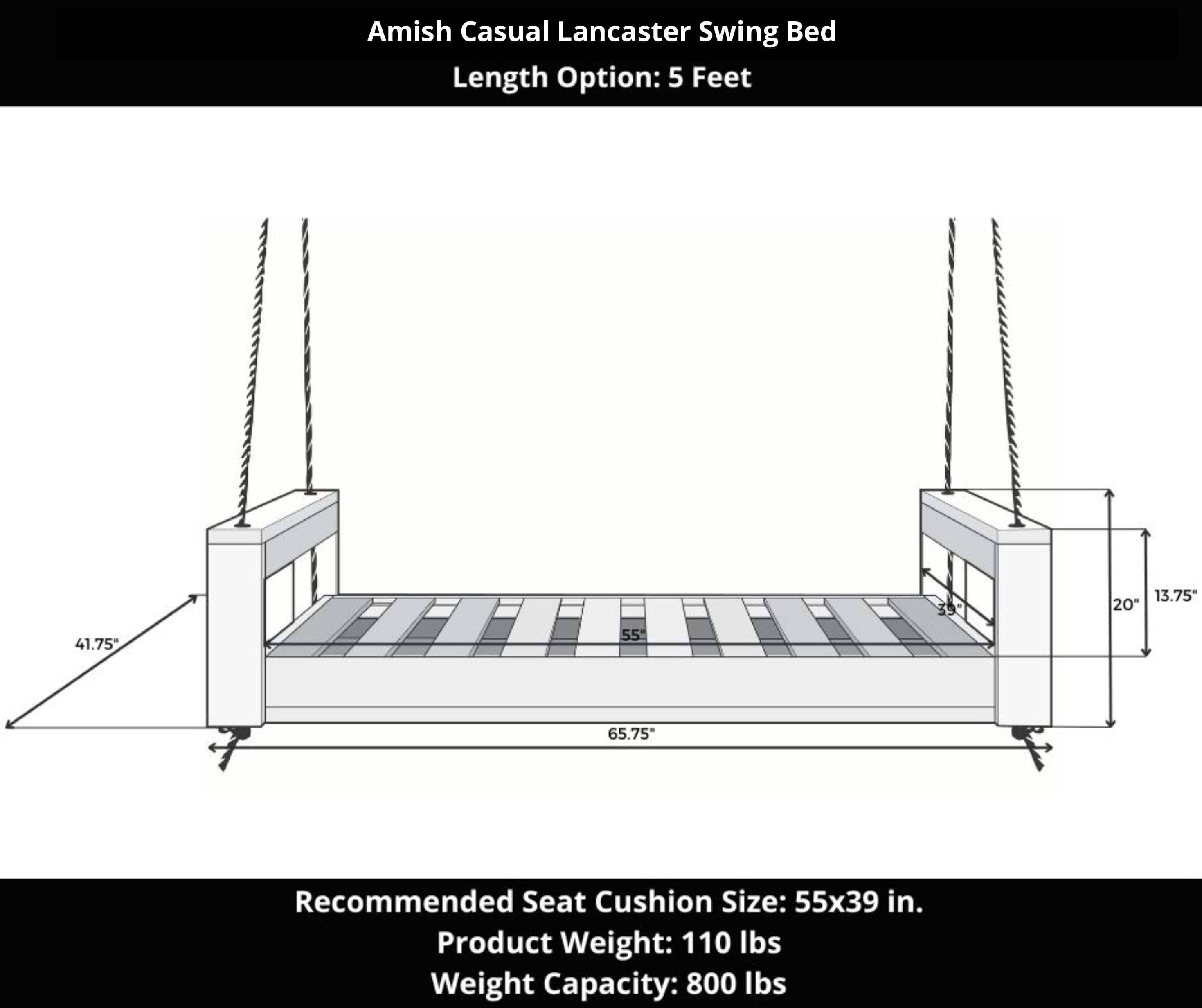 Amish Casual Lancaster Daybed Swing Bed, 5 Ft Relaxed Khaki