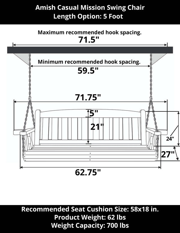 Amish Casual 6 Foot Oak Stain Mission Porch Swing with Clearcoat