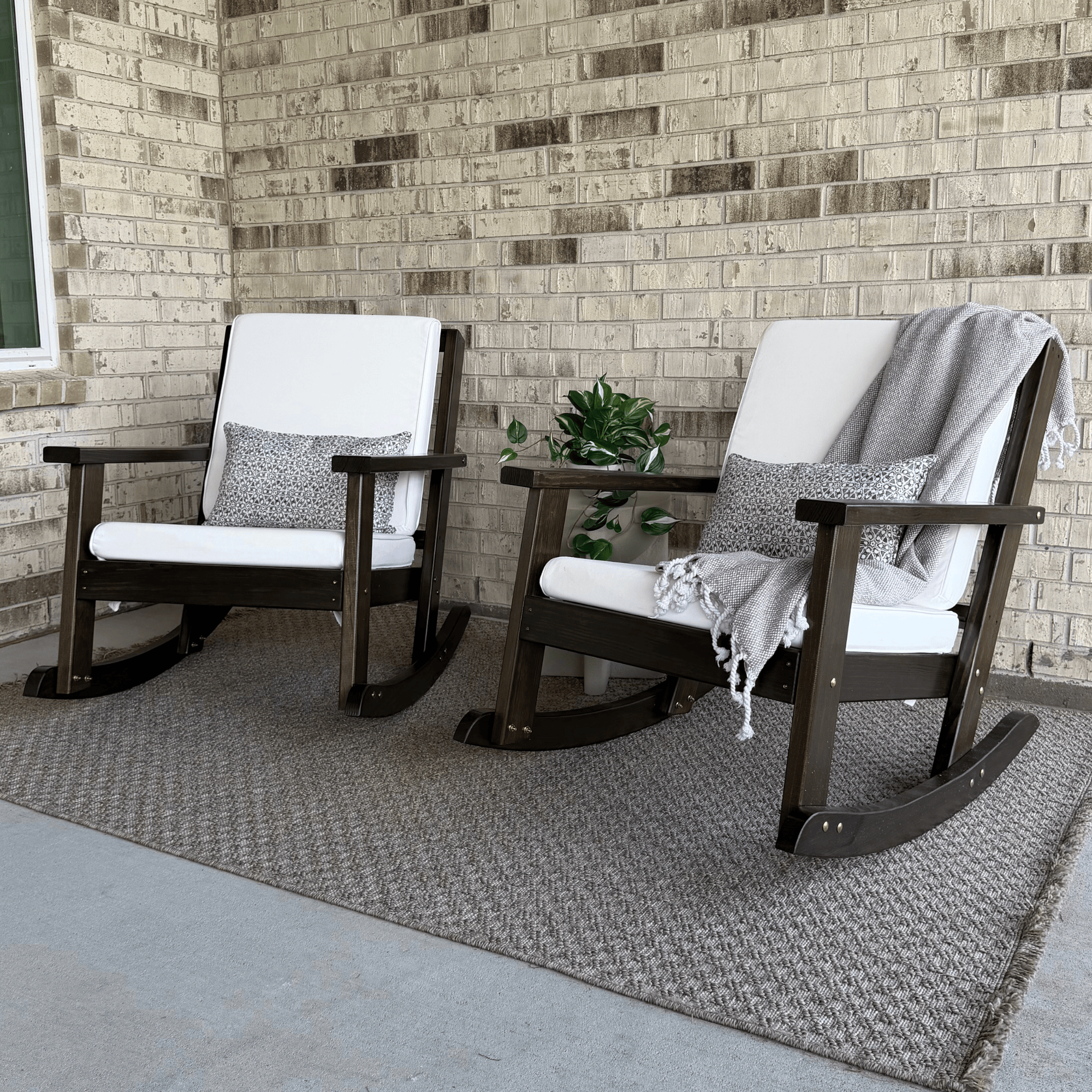 Amish Casual Deep Seated Outdoor Rocking Chair in Dark Walnut Stain with White Cushion