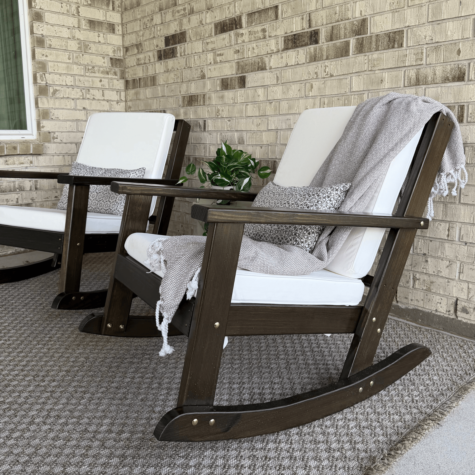 Amish Casual Deep Seated Outdoor Rocking Chair in Dark Walnut Stain with White Cushion