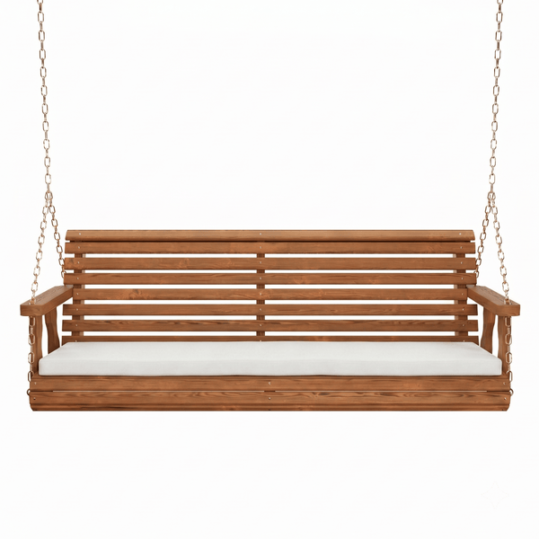 Amish Casual Roll Back Swing with White Bench Cushion in Oak