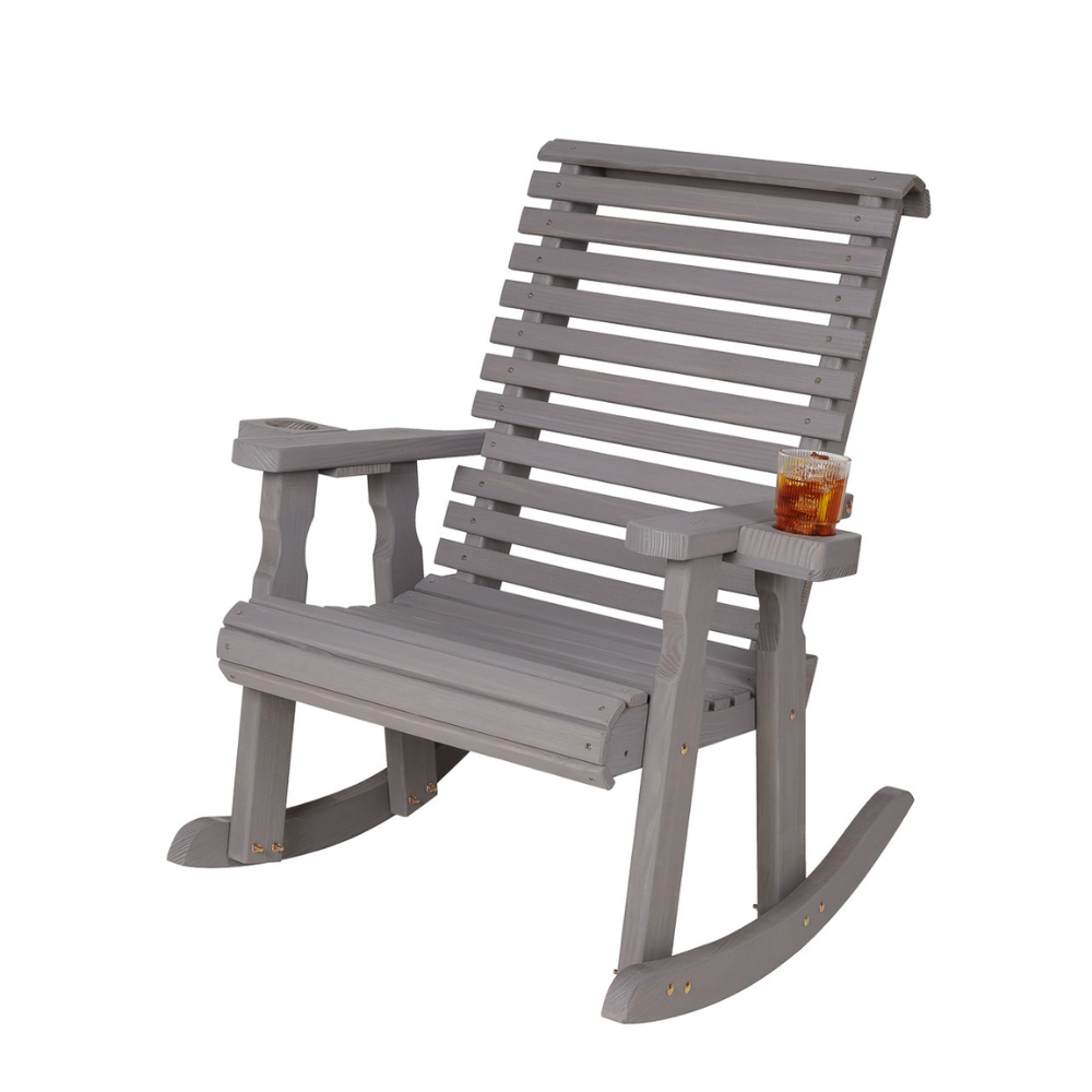 Wooden Roll Back Rocking Chair in Grey Stain with Cup Holders