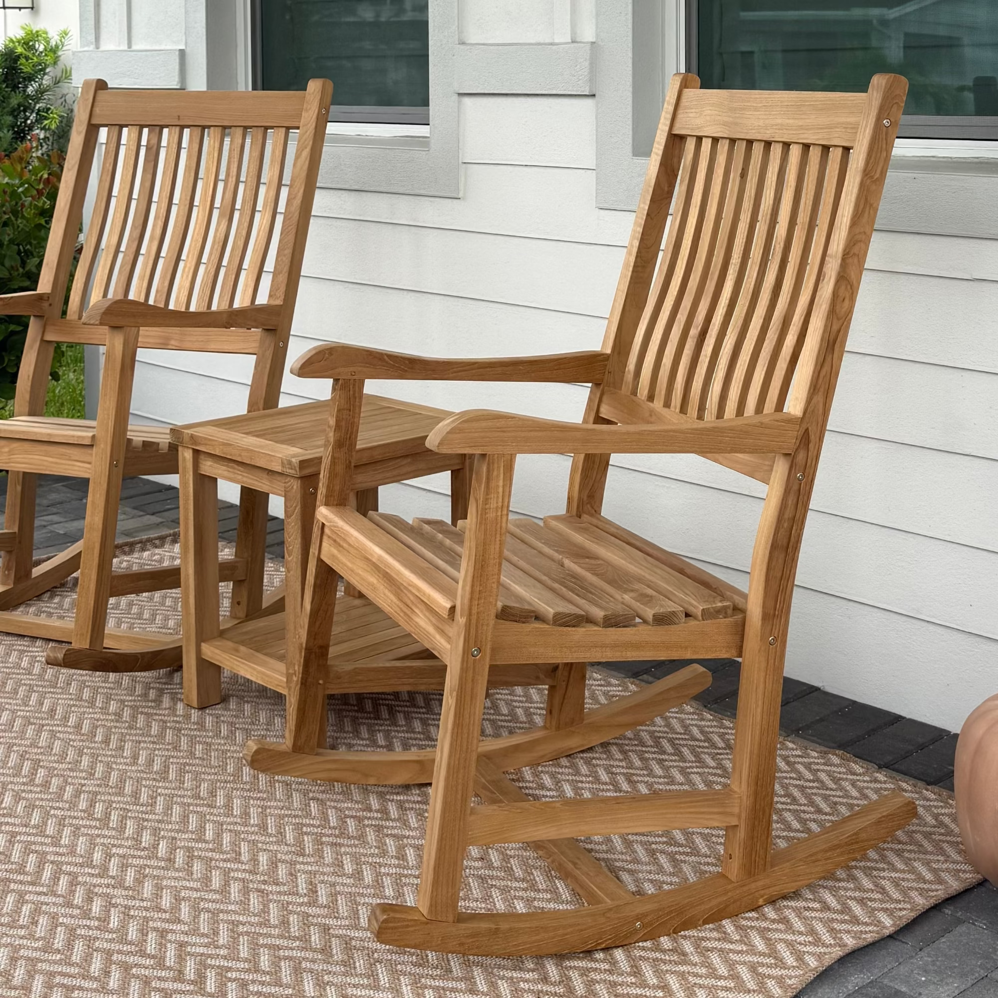 East Green Grayton Grade-A Teak Rocking Chair, 2 Grayton Rocking Chairs with Teak Side Table, Conversation Set