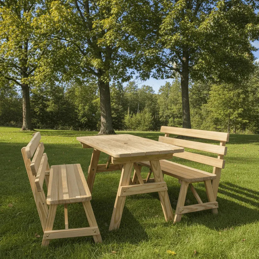 Keystone Amish Co. Wooden Outdoor Dining Set with 2 Backed Benches