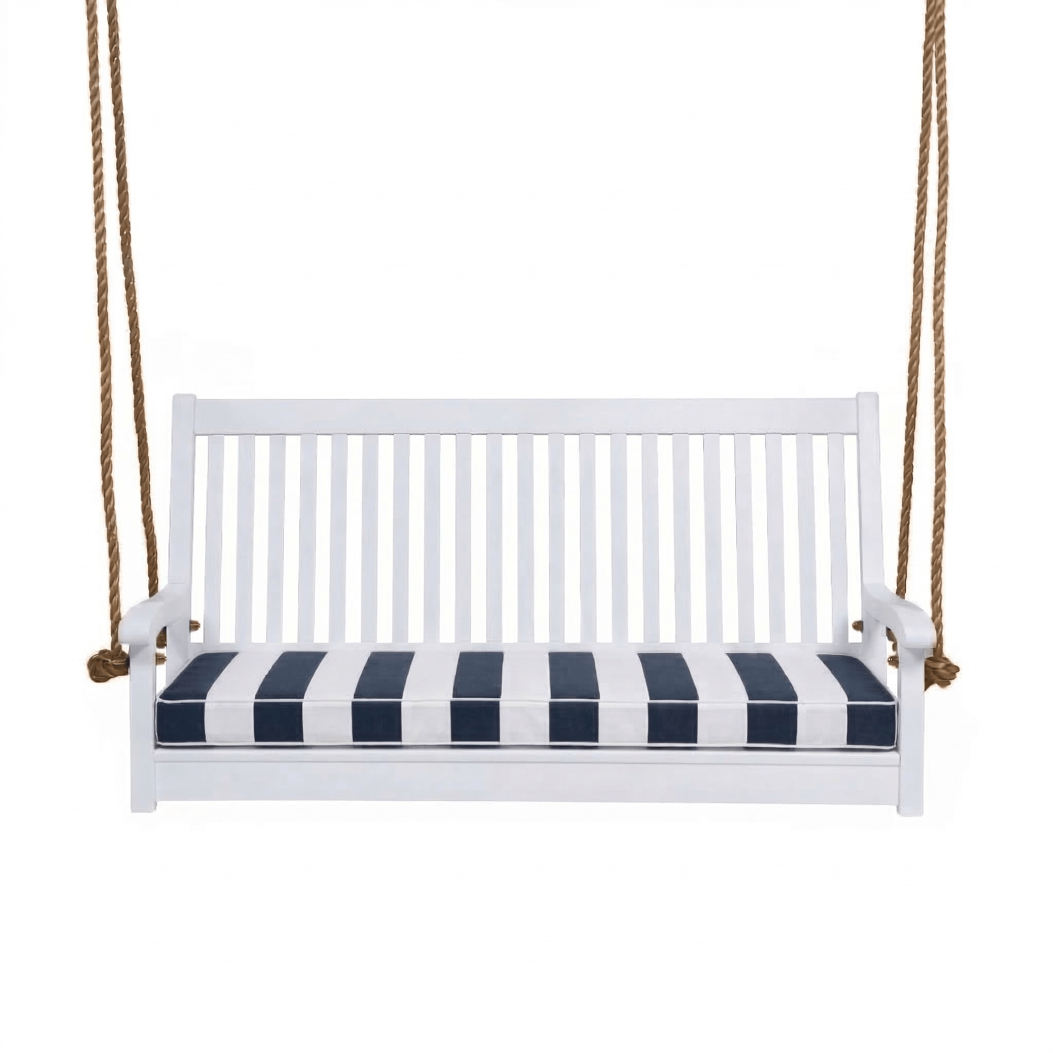 East Green Hayden Porch Swing with Navy Striped Cushion, White Paint