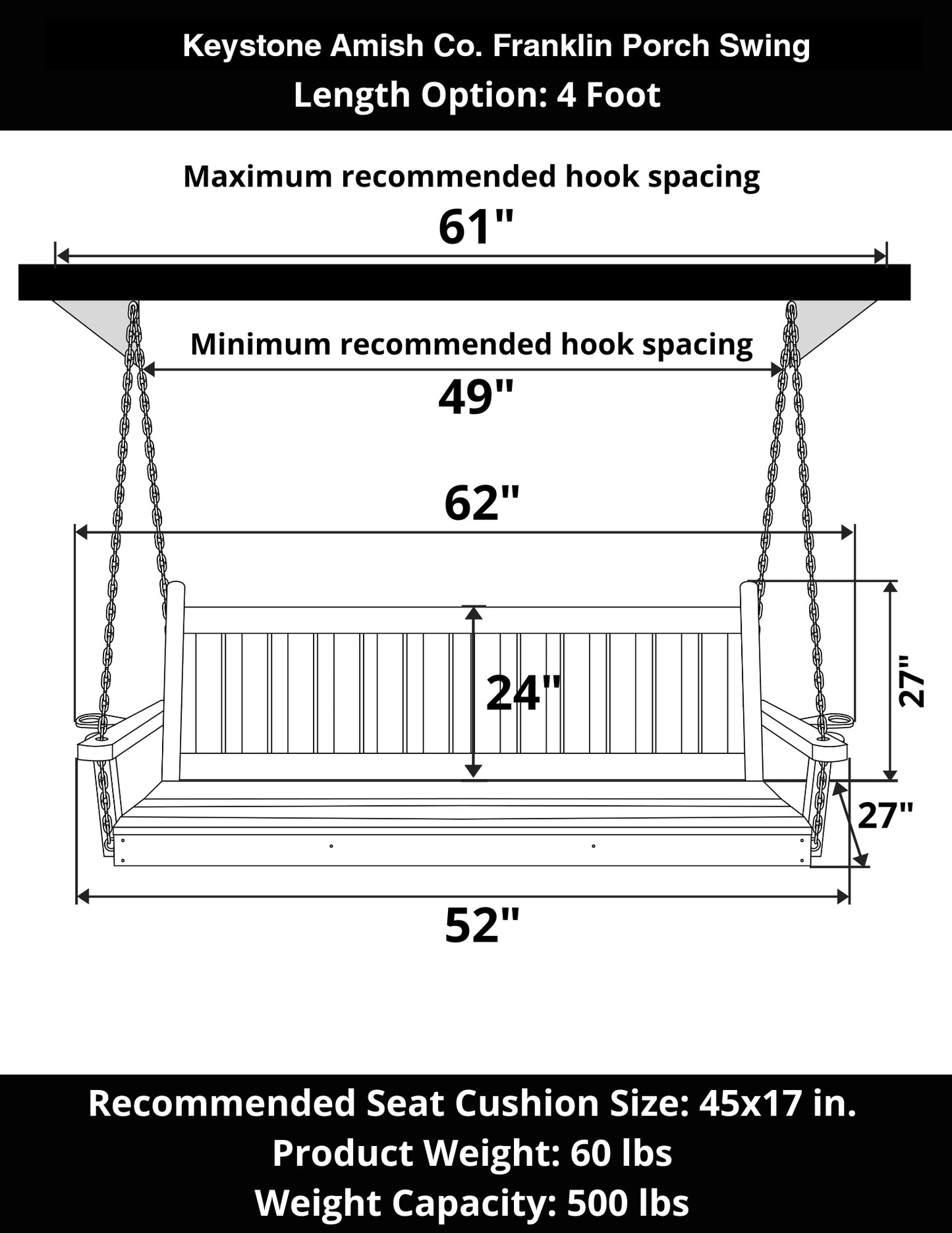 Keystone Amish Co. 4 Foot Franklin Porch Swing, Unfinished