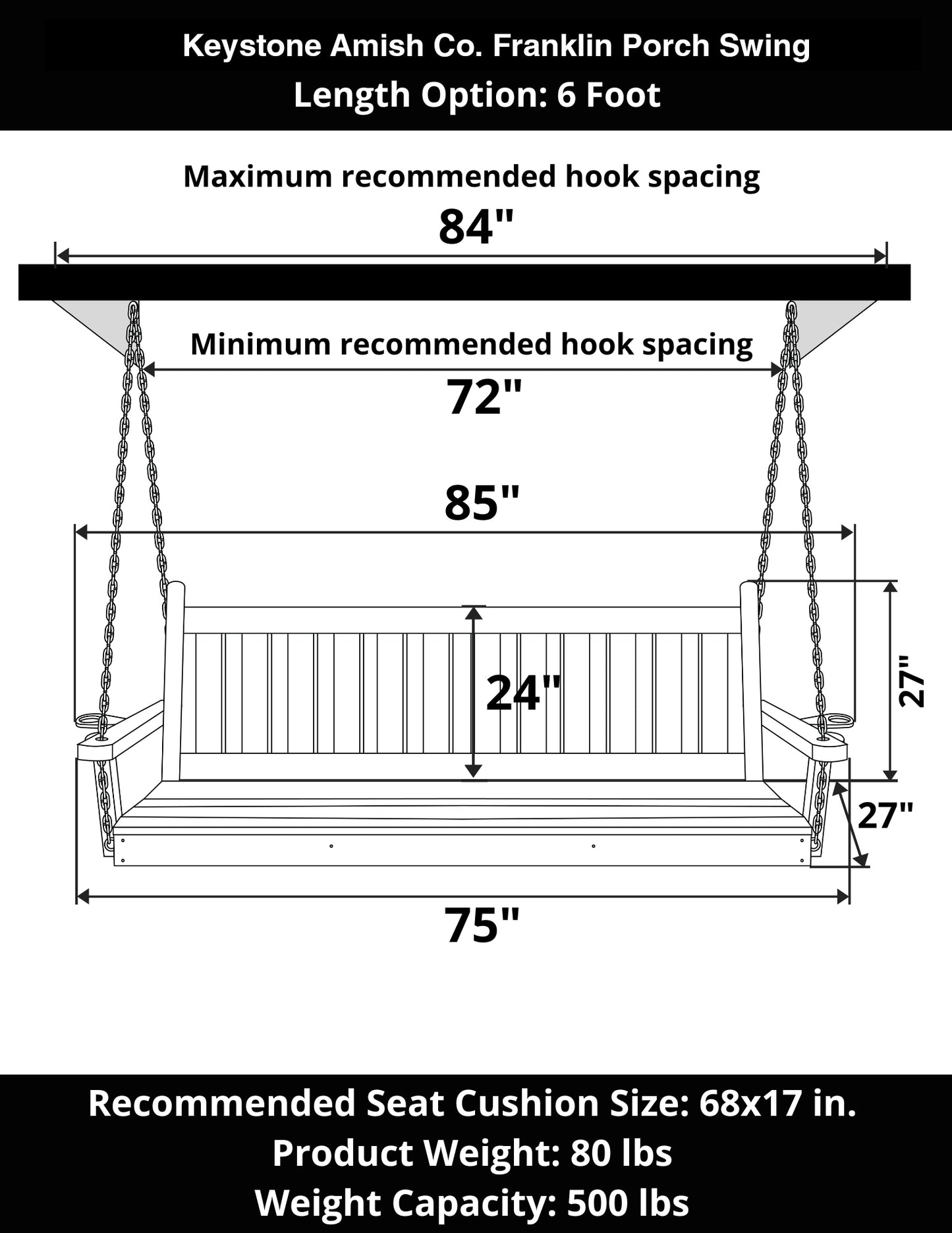 Keystone Amish Co. 4 Foot Franklin Porch Swing, Unfinished