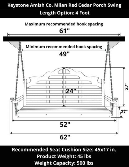 Keystone Amish Co. 4 Foot Milan Red Cedar Porch Swing with Cupholders