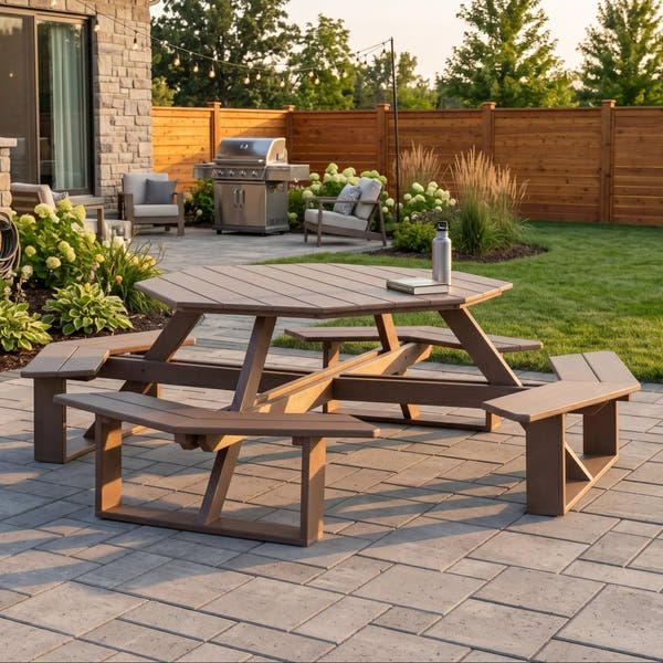 Keystone Amish Co. Octagon Poly Walk-In Picnic Table Lifestyle in Weathered Wood
