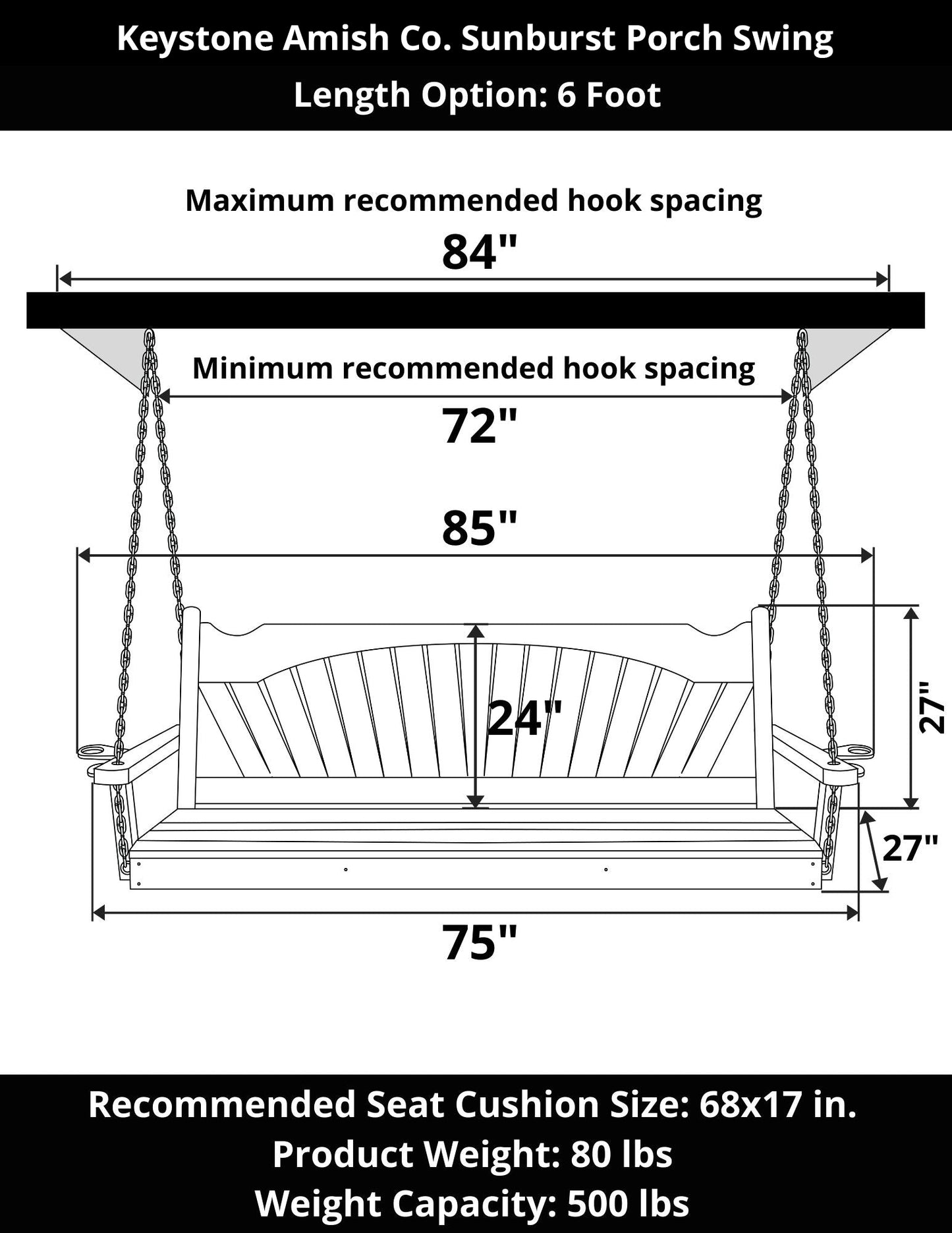 Keystone Amish Co. Sunburst Porch Swing, 4 Foot, Black