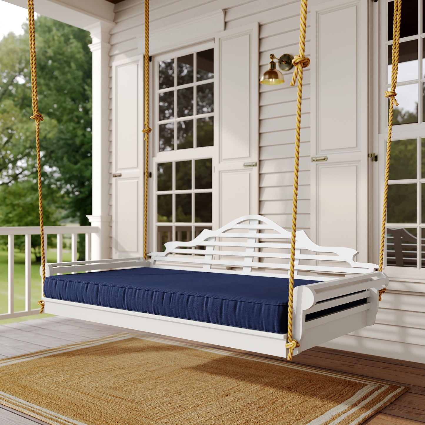 Milan Recycled Plastic Daybed Swing in Bright White pictured with Canvas Navy Cushion