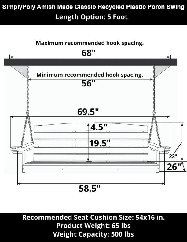 SimplyPoly 5 Foot Amish Made Classic Recycled Plastic Porch Swing, Birchwood Wood Grain