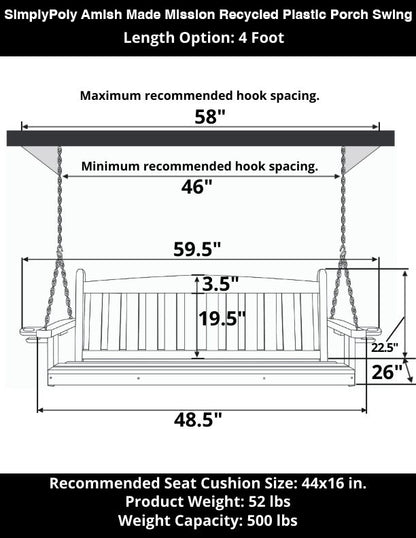 SimplyPoly 4 Foot Amish Made Mission Recycled Plastic Porch Swing, Black