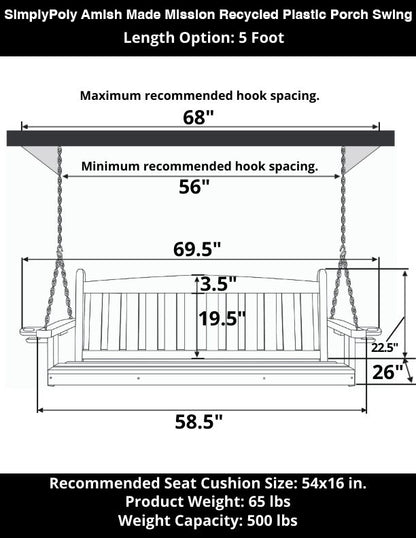 SimplyPoly 4 Foot Amish Made Mission Recycled Plastic Porch Swing, Black