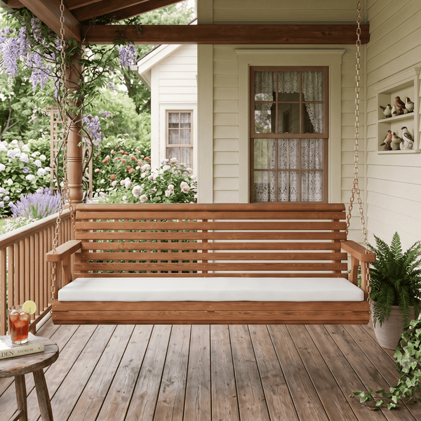 Amish Casual Roll Back Swing with White Bench Cushion