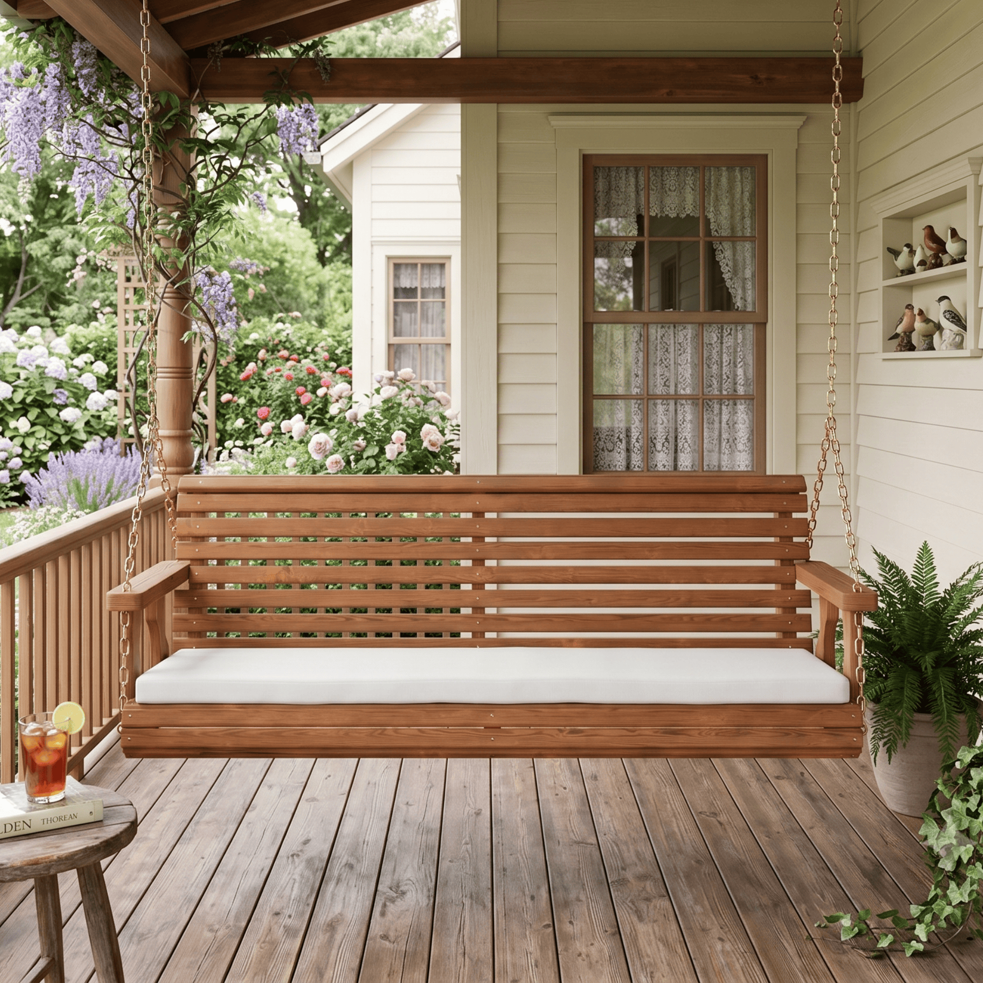 Amish Casual Roll Back Swing with White Bench Cushion