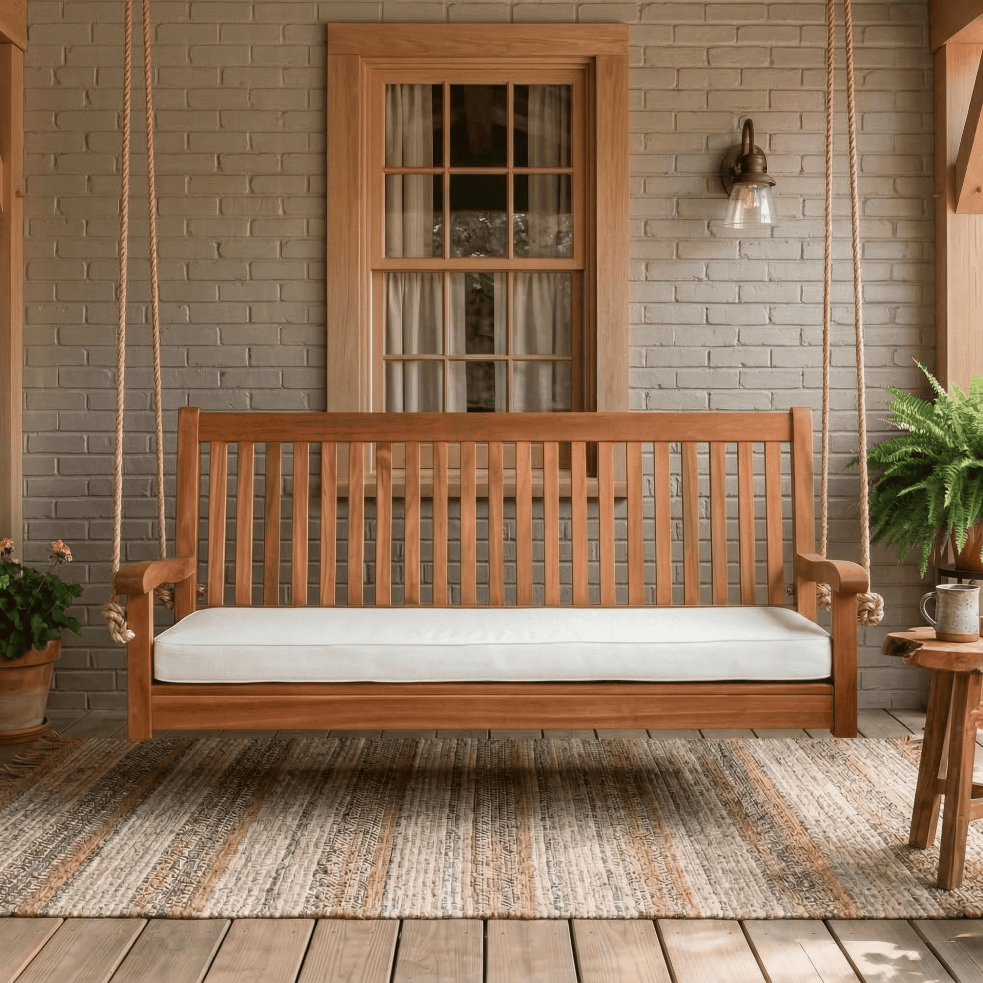 East Green Hayden Porch Swing with Cushion in Oiled Acacia, White Cushion