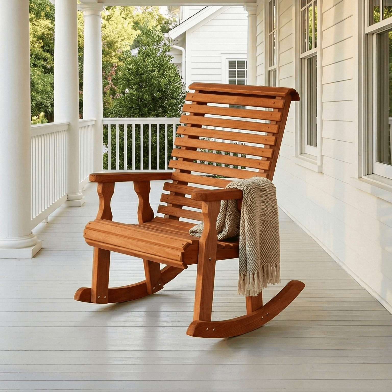Amish Casual Heavy Duty Roll Back Rocking Chair in cedar on a porch