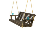 Wooden Roll Back Swing in Dark Walnut with Cup Holders and Rope