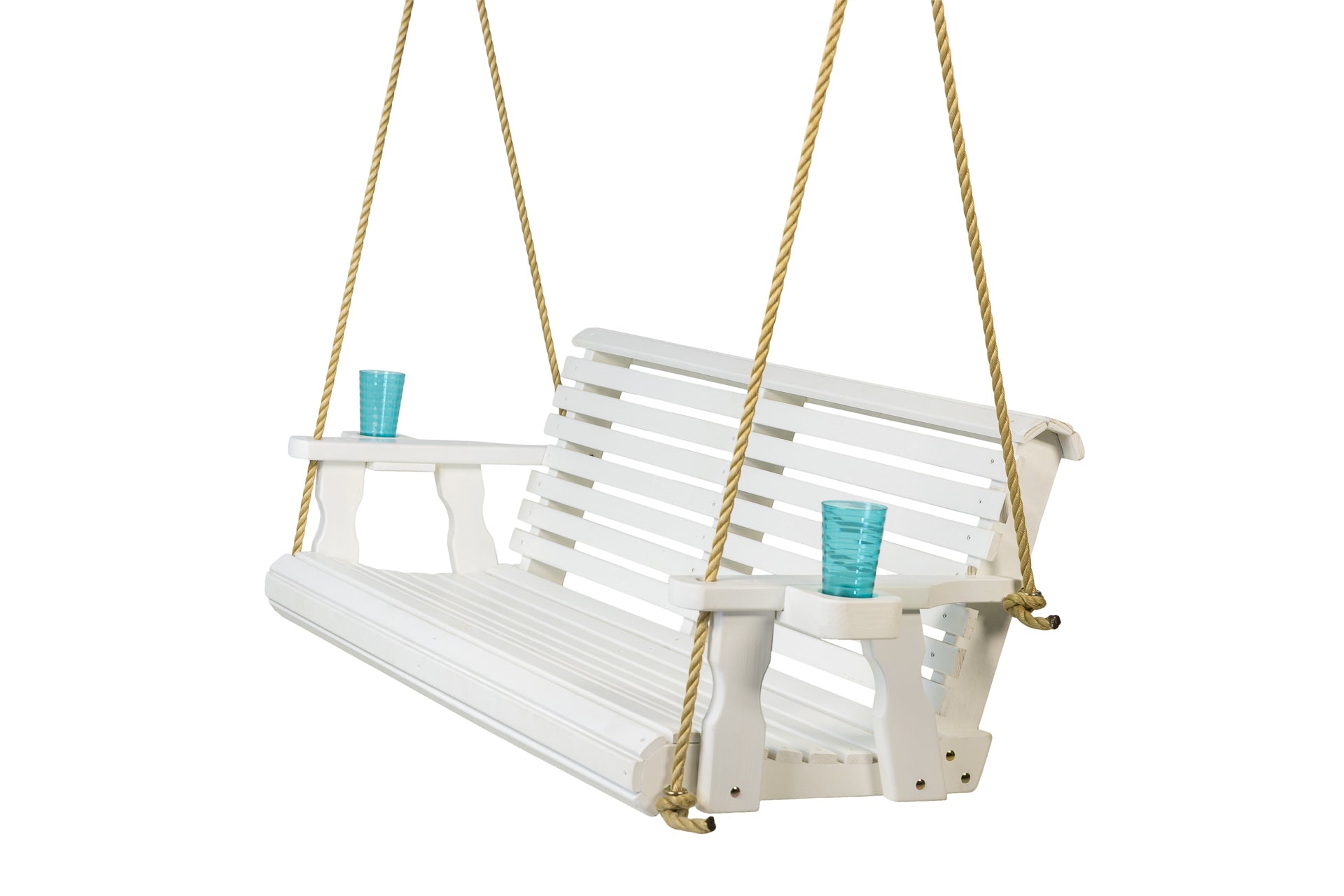 Wooden Roll Back Swing in Semi-Solid White with Cup Holders and Rope